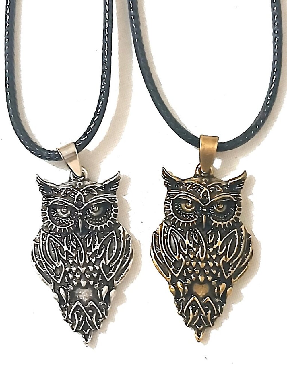 Celtic Owl Pendant Necklace – Silver or Bronze Gold Tone – Black Cord Fantasy